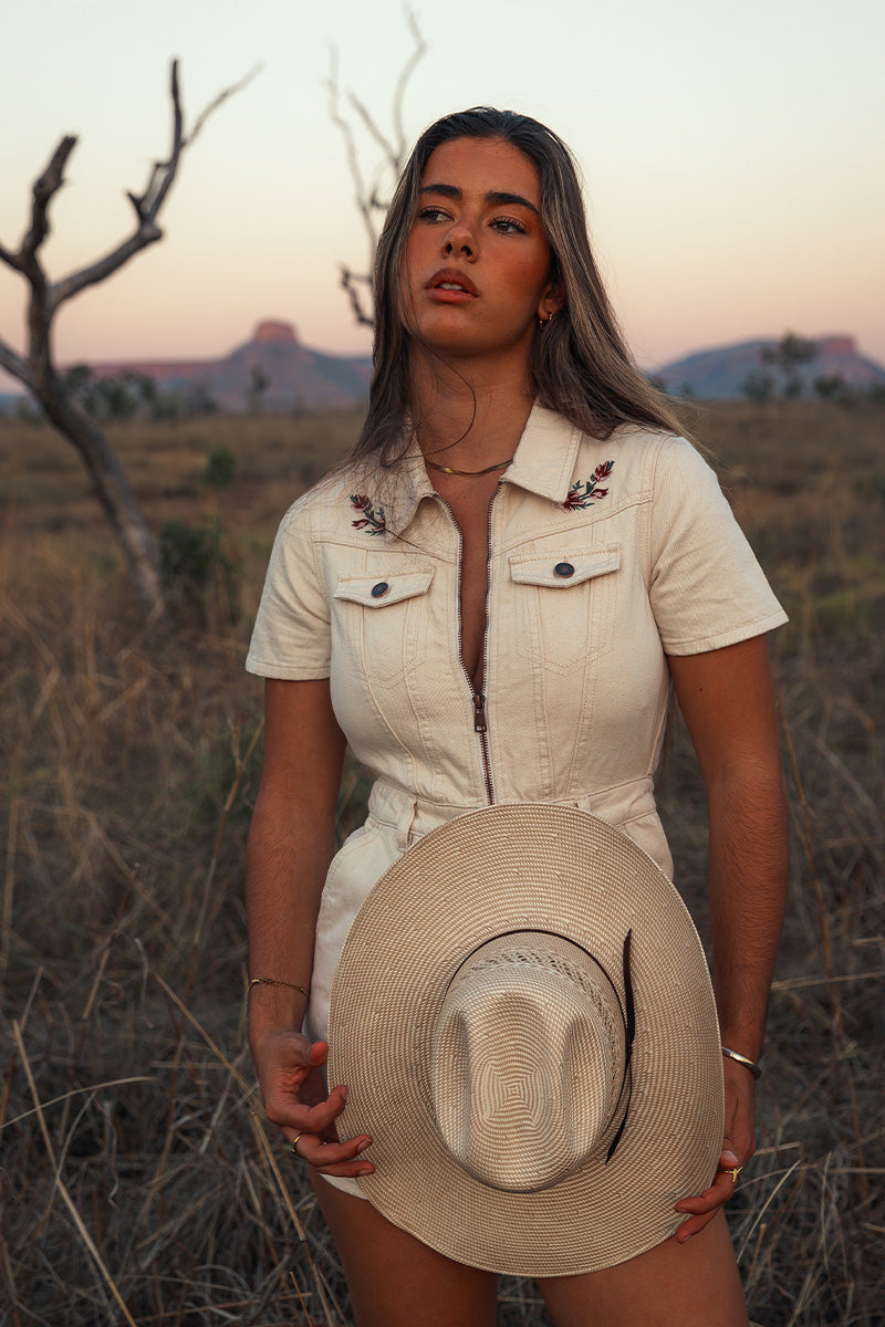 Narooma Womens Denim Playsuit - Off White