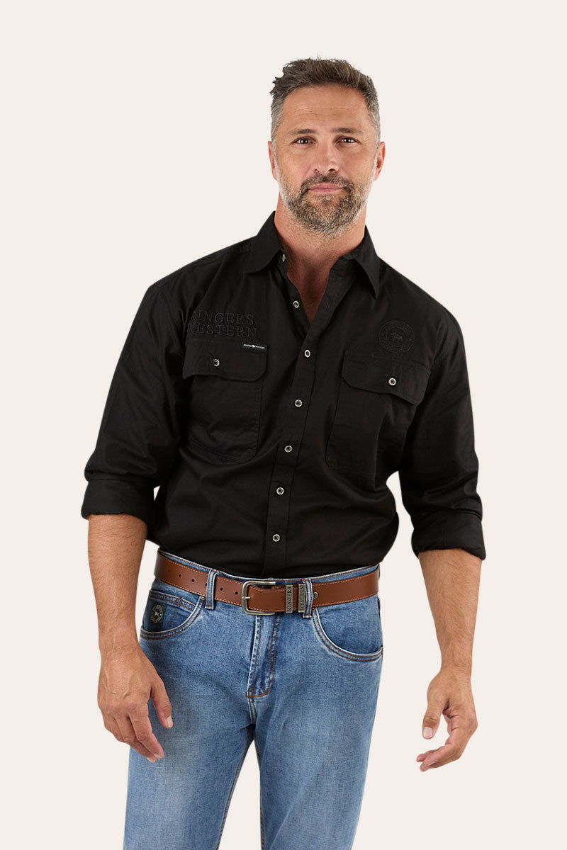 Hawkeye Mens Full Button Work Shirt - Black/Black