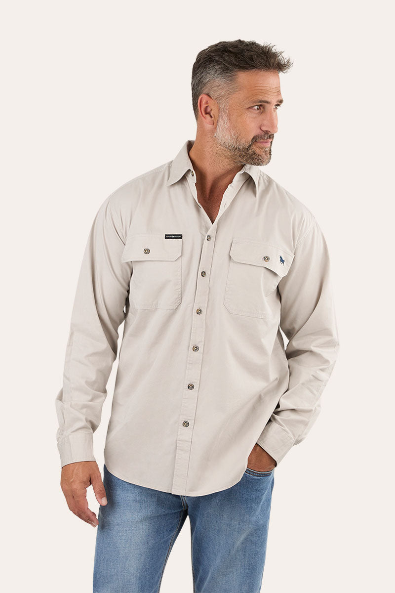 King River Mens Full Button Work Shirt - Beige