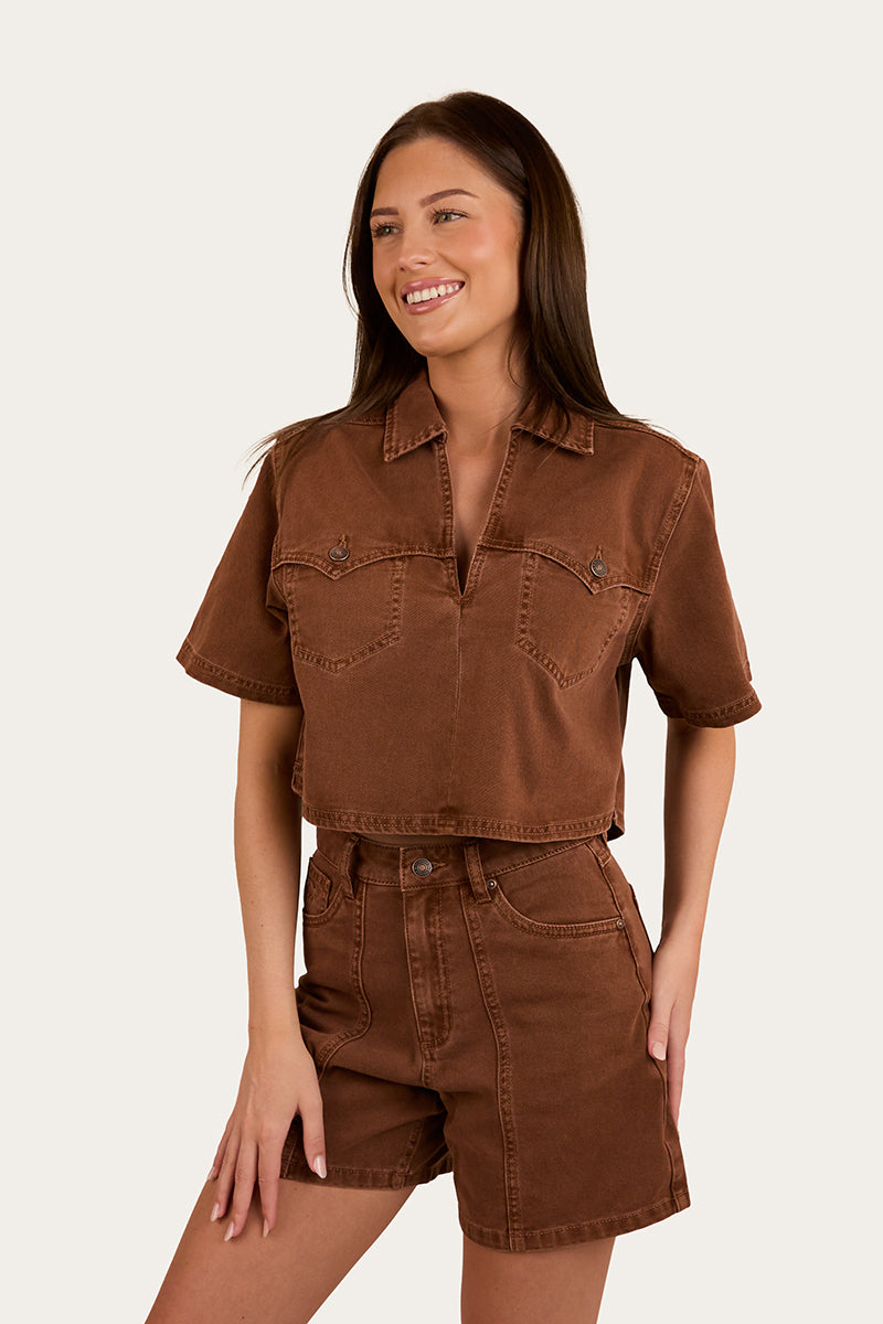 Iris Womens Denim Top - Saddle Brown