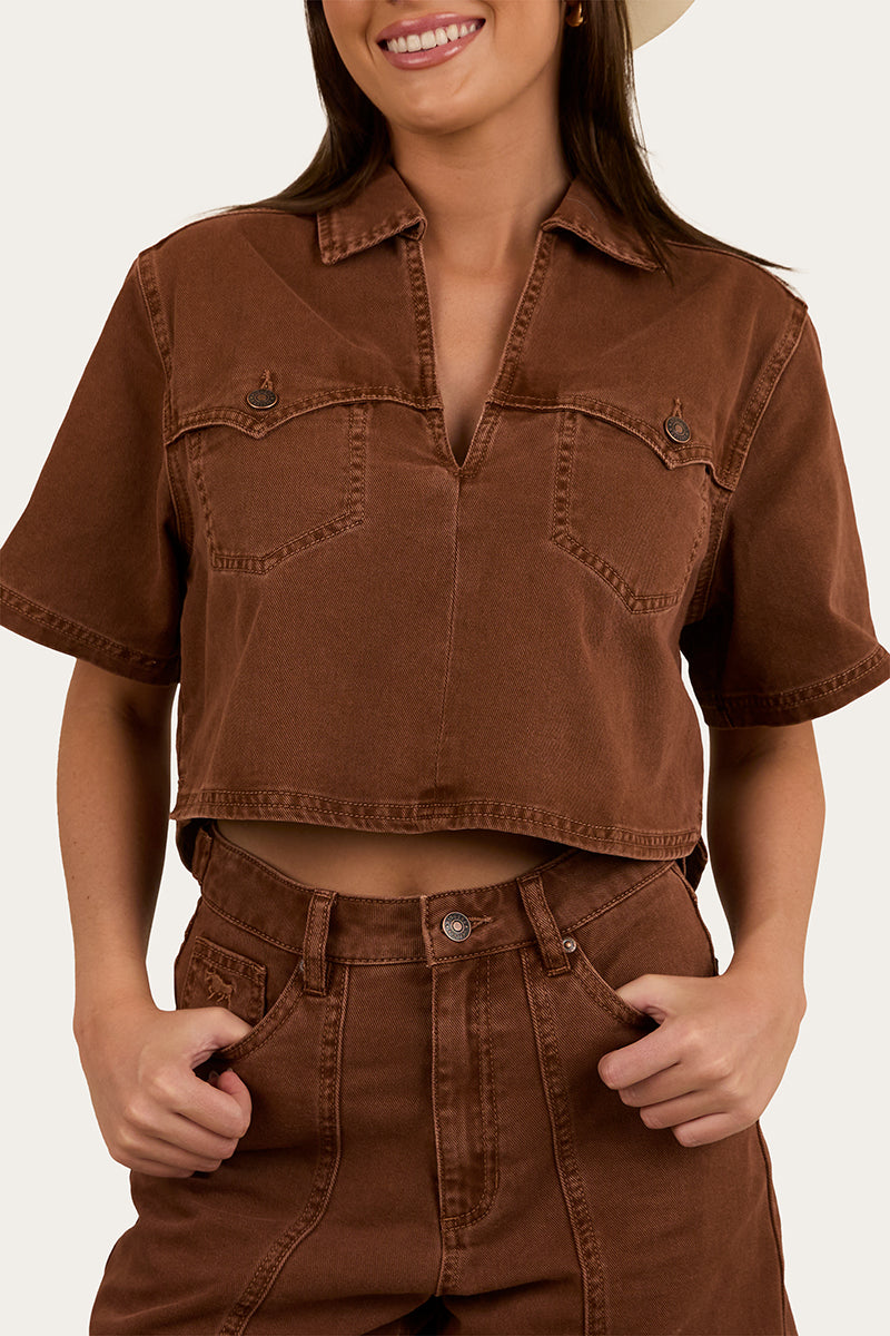 Iris Womens Denim Top - Saddle Brown
