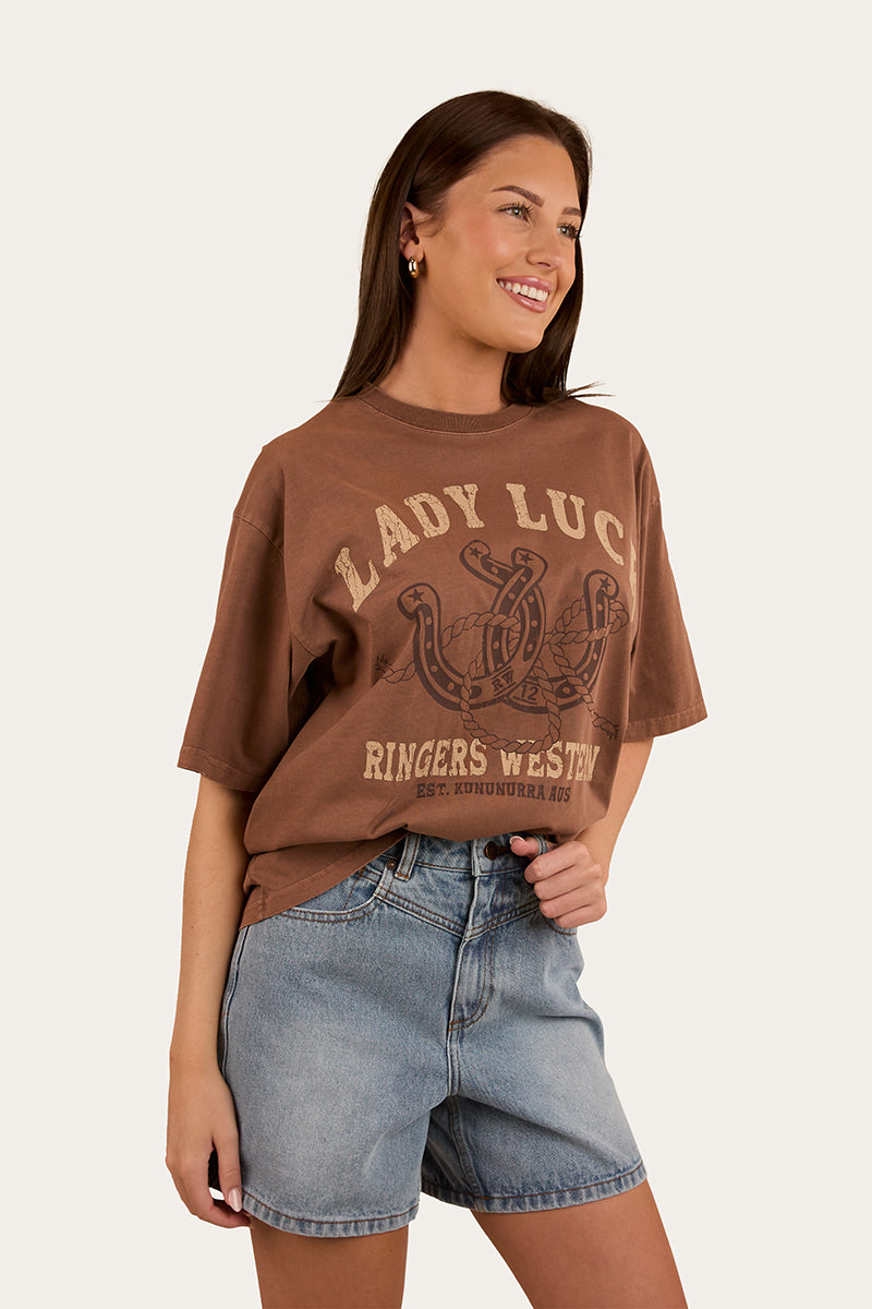 Lady Luck Womens Oversized T-Shirt - Washed Saddle Brown