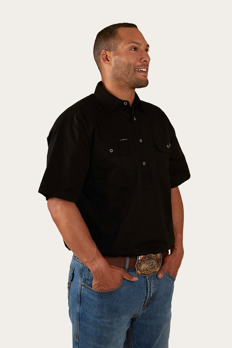 Pack Saddle Mens Short Sleeve Half Button Work Shirt - Black
