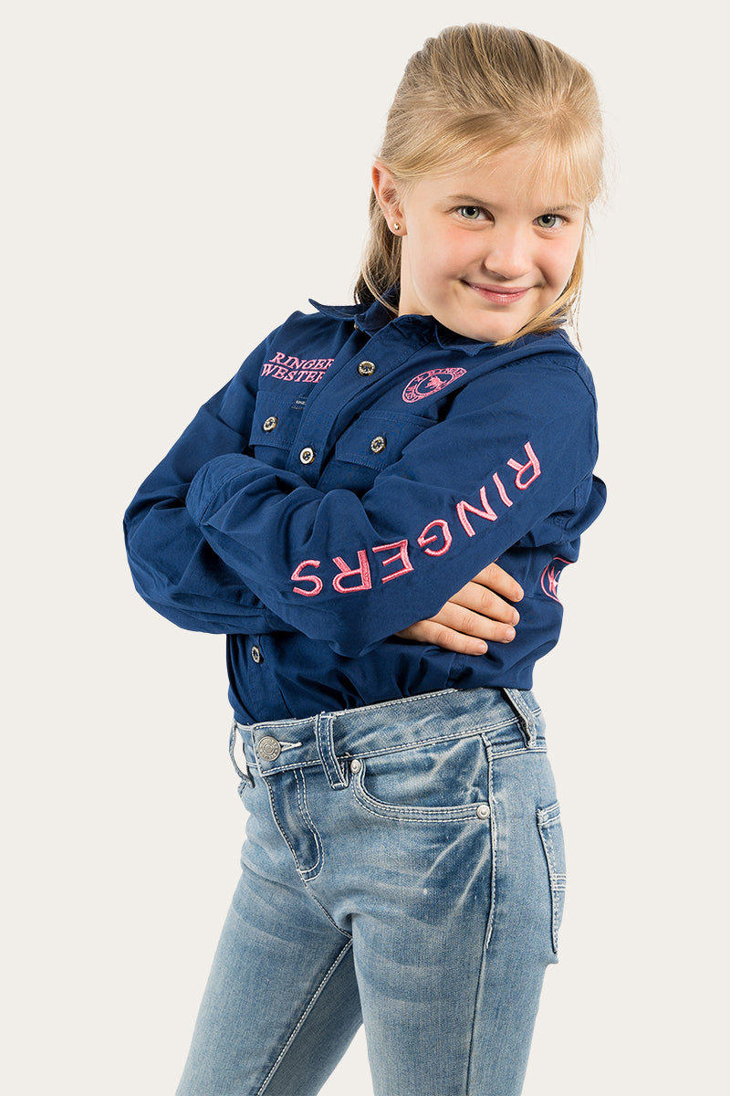 Jackaroo Kids Full Button Work Shirt - Navy/Melon