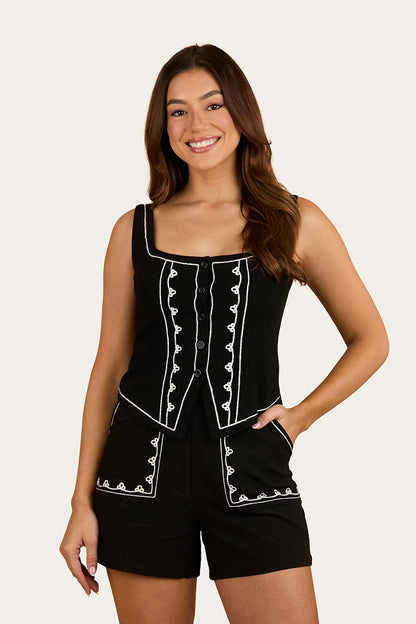 Westley Embroidered Fashion Top - Black