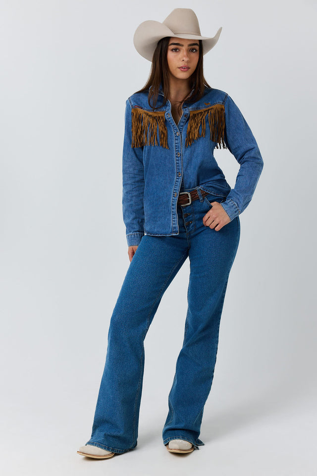 Idaho Womens Faux Suede Fringe Shirt