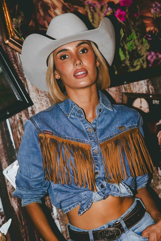 Idaho Womens Faux Suede Fringe Shirt