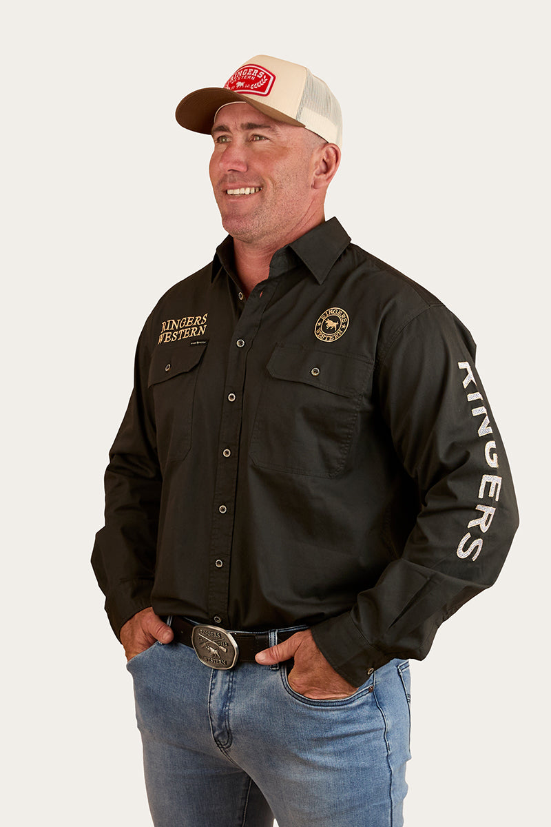 Hawkeye Mens Full Button Work Shirt - Charcoal & Dark Sand