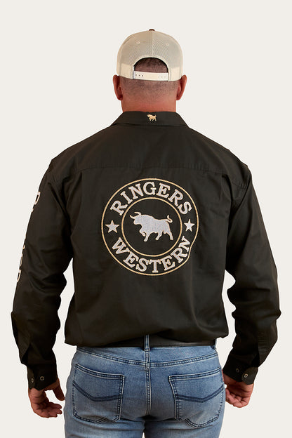 Hawkeye Mens Full Button Work Shirt - Charcoal & Dark Sand