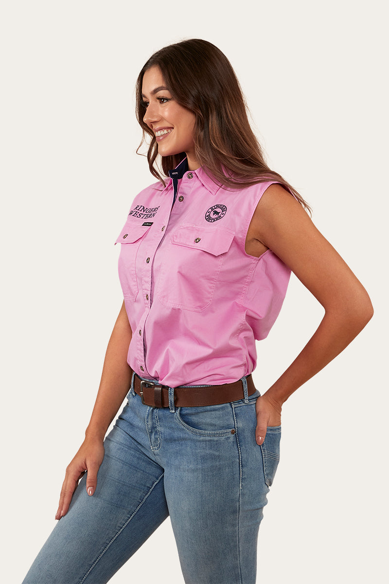 Signature Jillaroo Womens Sleeveless Work Shirt - Pastel Pink/Navy ...