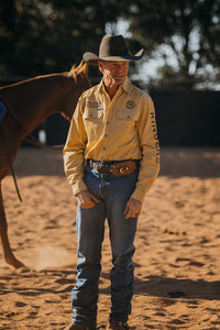 Hawkeye Mens Full Button Work Shirt - Vintage Gold/Chocolate