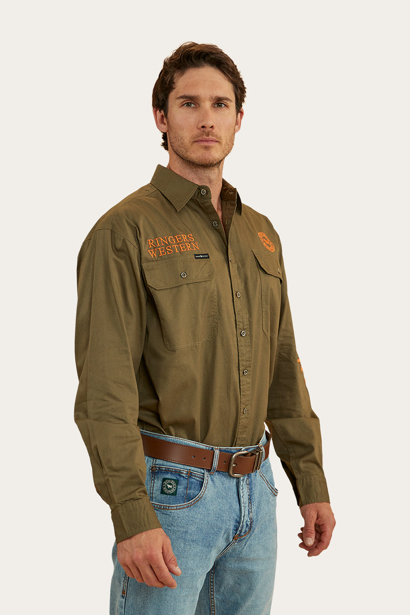 Hawkeye Mens Full Button Work Shirt - Military Green/Orange