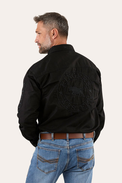 Hawkeye Mens Full Button Work Shirt - Black/Black