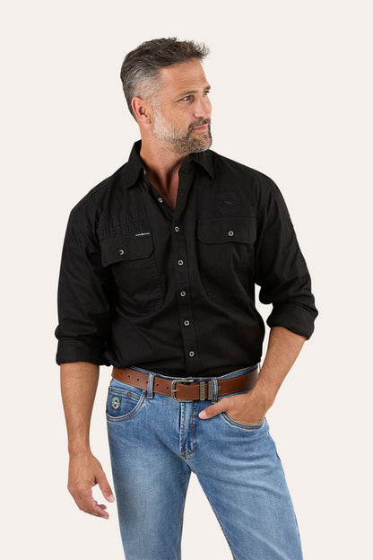 Hawkeye Mens Full Button Work Shirt - Black/Black