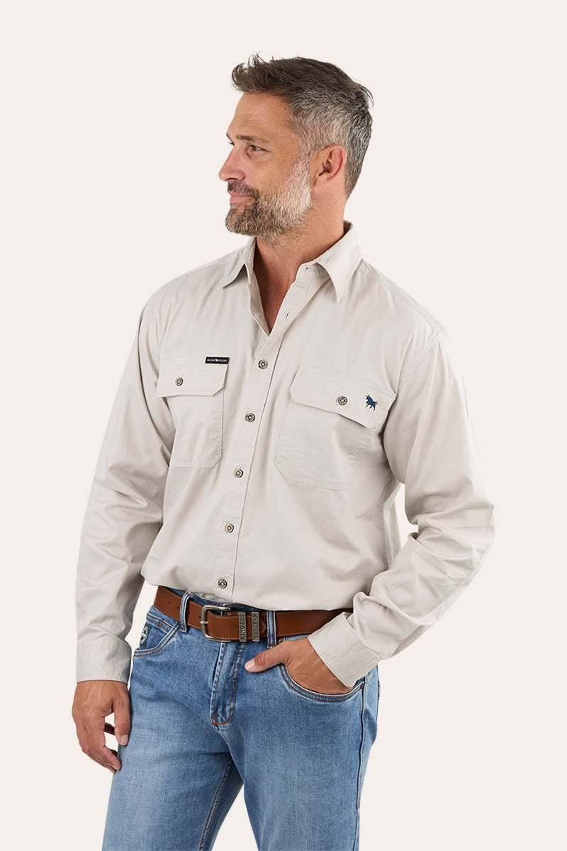 King River Mens Full Button Work Shirt - Beige