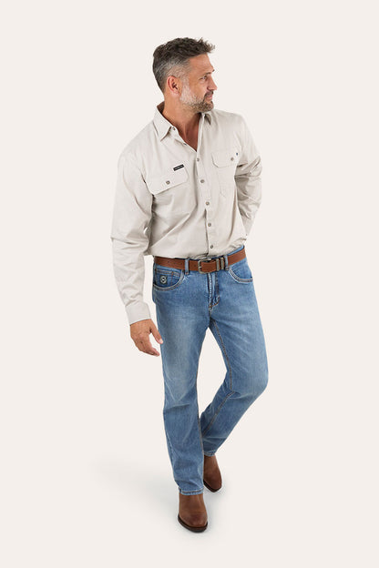 King River Mens Full Button Work Shirt - Beige