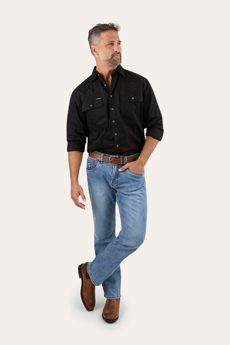 Hawkeye Mens Full Button Work Shirt - Black/Black