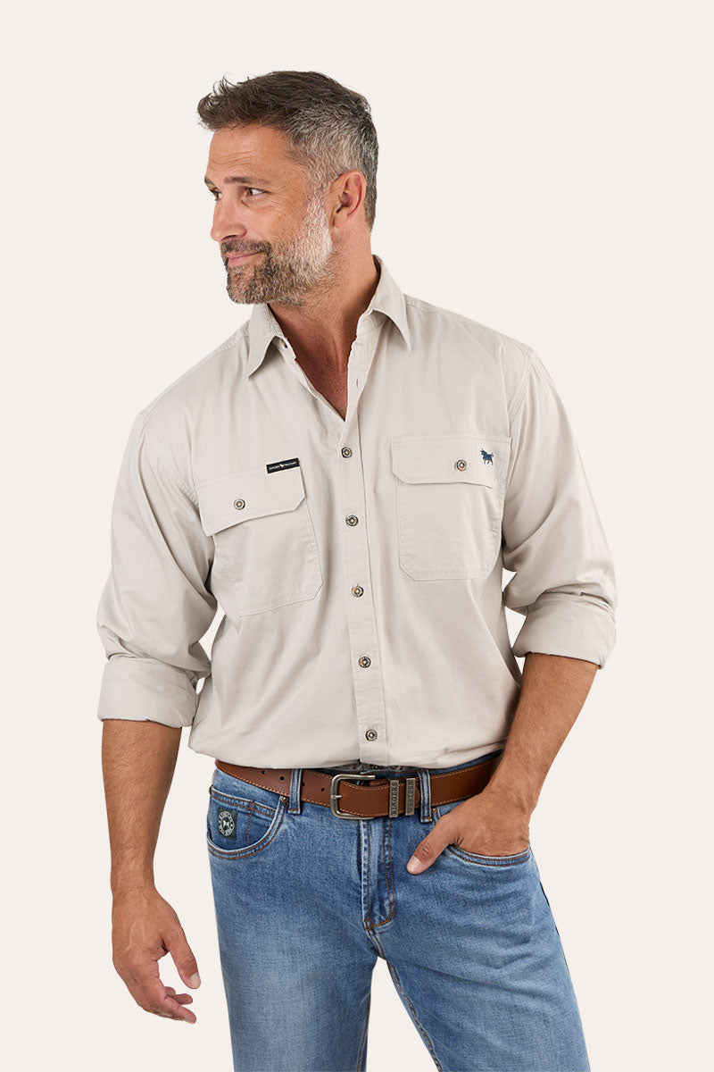 King River Mens Full Button Work Shirt - Beige