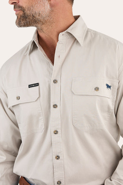 King River Mens Full Button Work Shirt - Beige