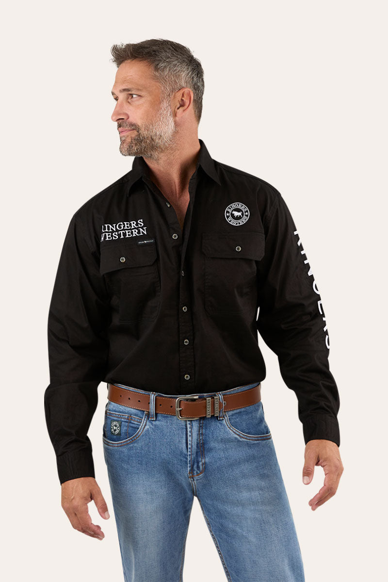 Hawkeye Mens Full Button Work Shirt - Black/White