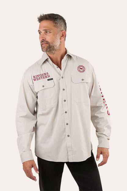 Hawkeye Mens Full Button Work Shirt - Beige/Red
