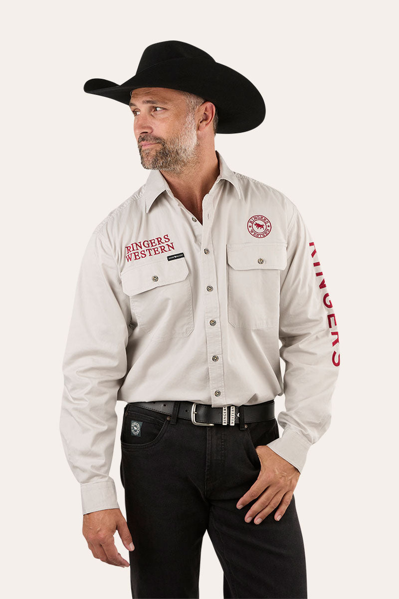 Hawkeye Mens Full Button Work Shirt - Beige/Red