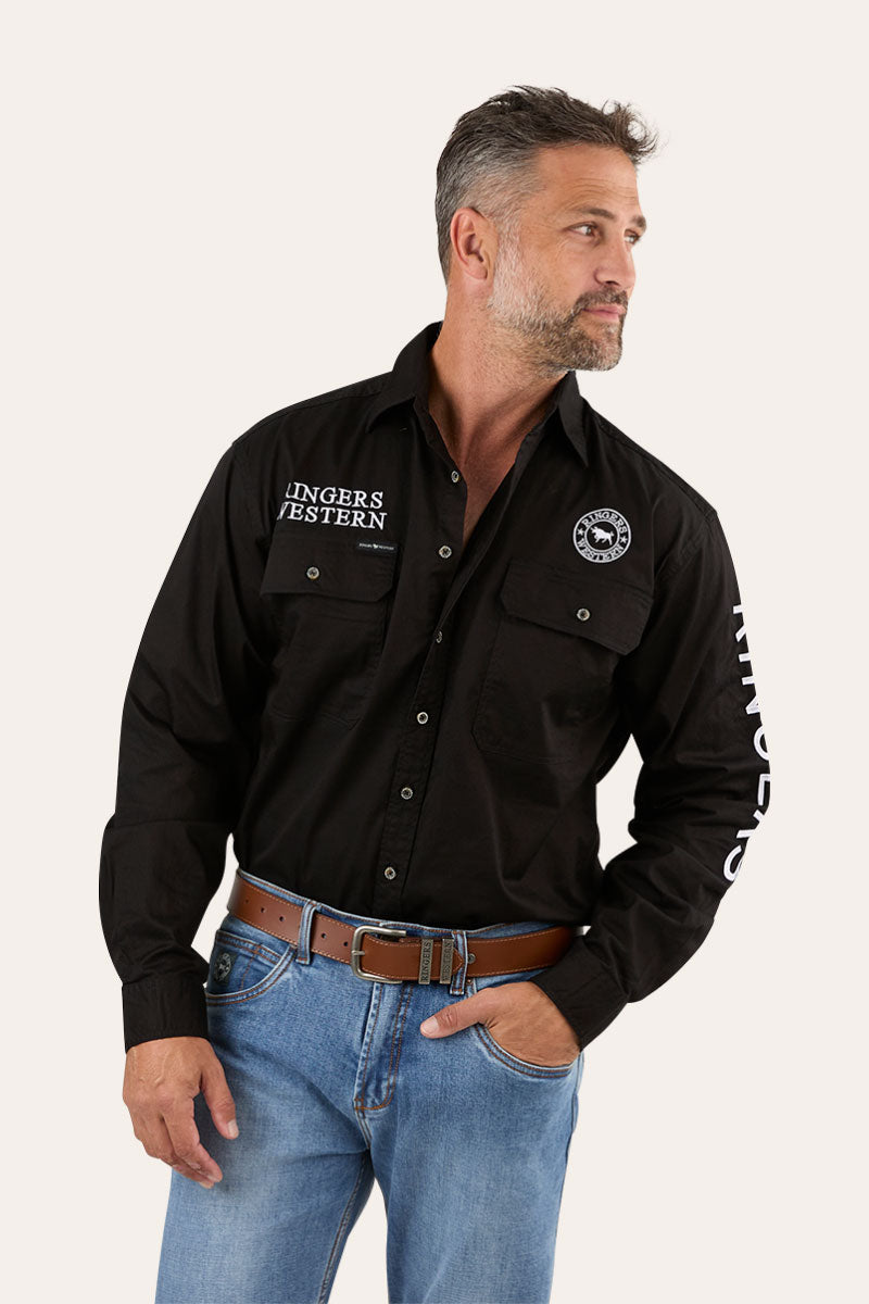 Hawkeye Mens Full Button Work Shirt - Black/White