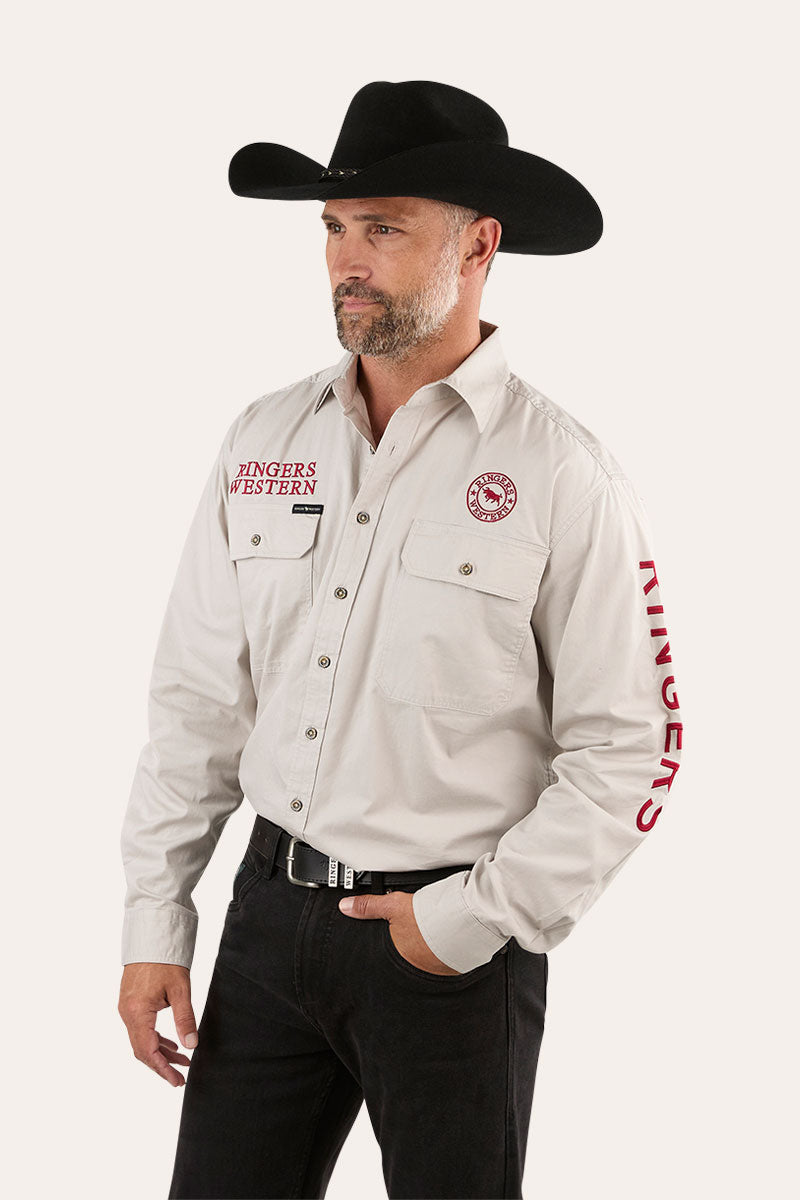 Hawkeye Mens Full Button Work Shirt - Beige/Red