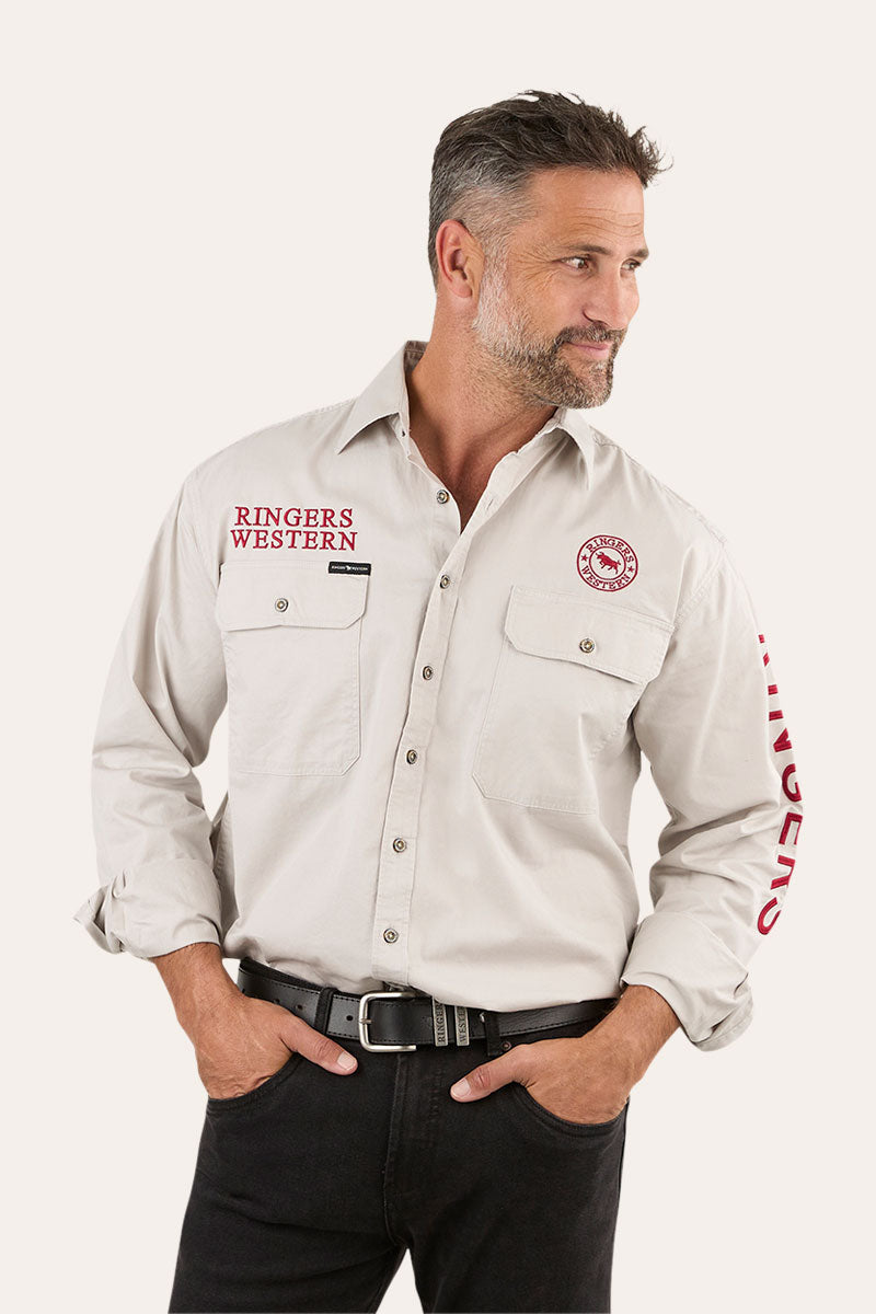 Hawkeye Mens Full Button Work Shirt - Beige/Red