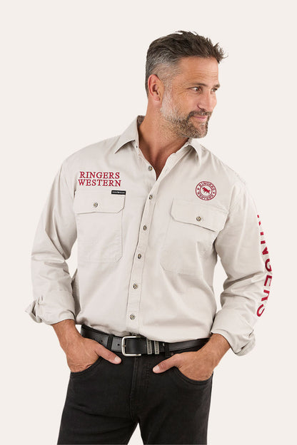 Hawkeye Mens Full Button Work Shirt - Beige/Red