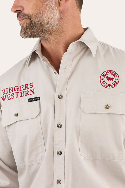 Hawkeye Mens Full Button Work Shirt - Beige/Red