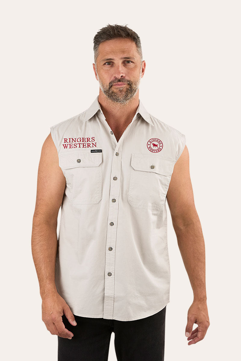 Hawkeye Mens Sleeveless Work Shirt - Beige/Dark Red