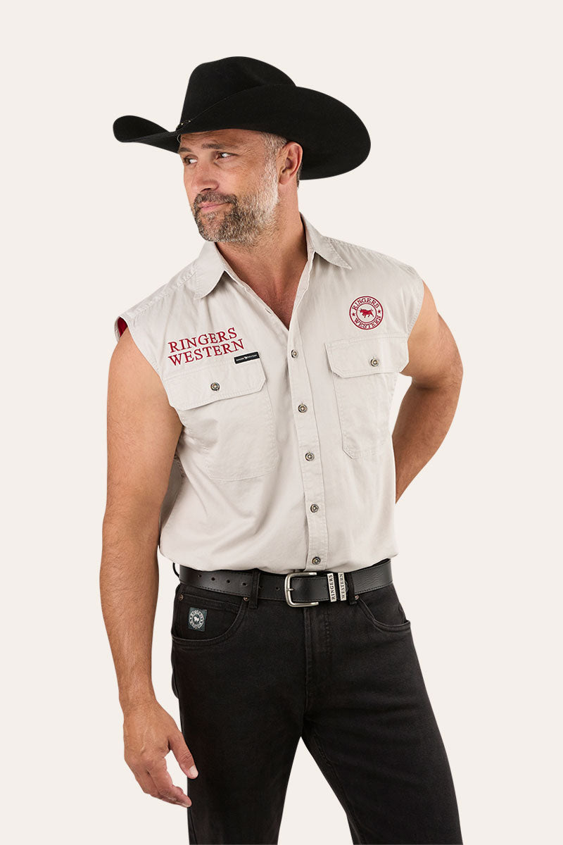 Hawkeye Mens Sleeveless Work Shirt - Beige/Dark Red