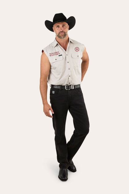 Hawkeye Mens Sleeveless Work Shirt - Beige/Dark Red