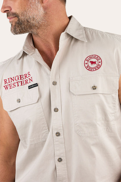 Hawkeye Mens Sleeveless Work Shirt - Beige/Dark Red