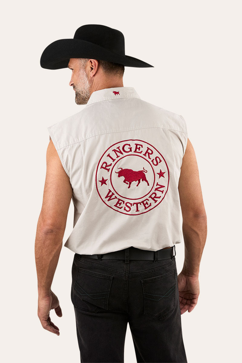 Hawkeye Mens Sleeveless Work Shirt - Beige/Dark Red