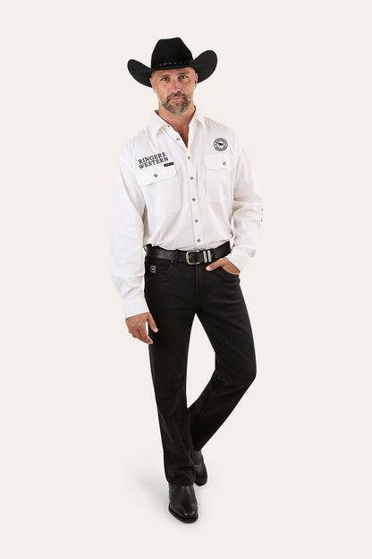 Hawkeye Mens Full Button Work Shirt - White/Black