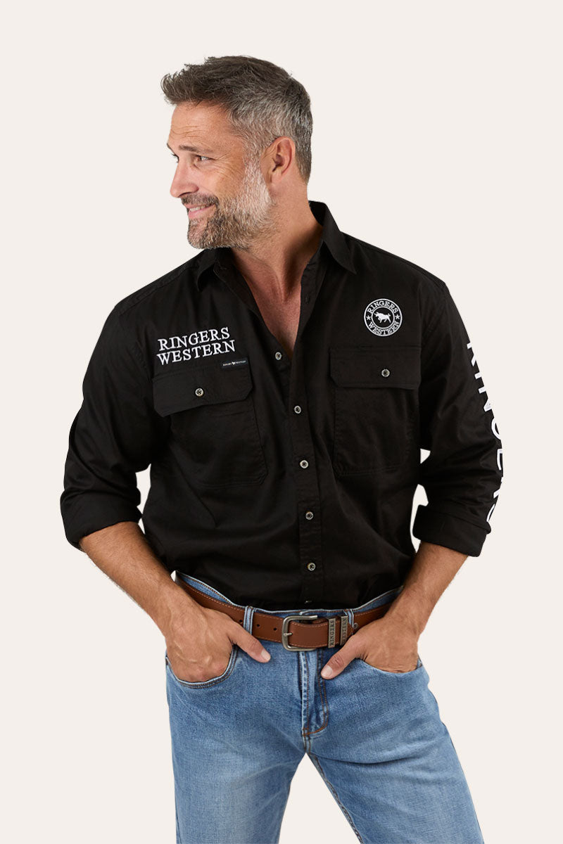 Hawkeye Mens Full Button Work Shirt - Black/White