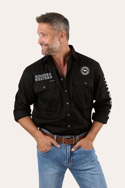 Hawkeye Mens Full Button Work Shirt - Black/White