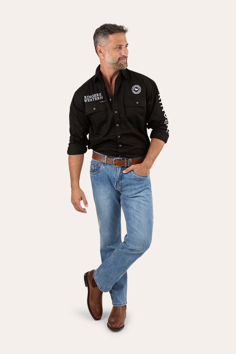 Hawkeye Mens Full Button Work Shirt - Black/White