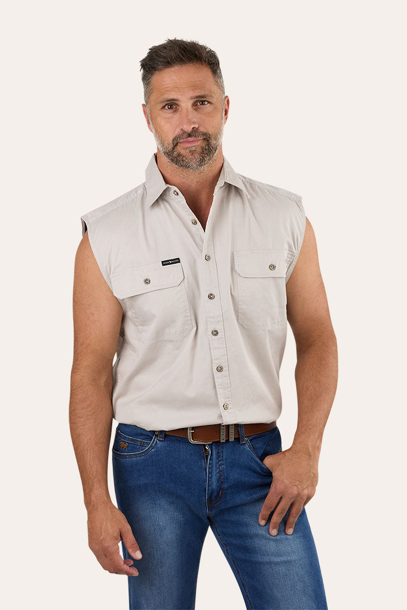 Rob Roy Mens Sleeveless Full Button Work Shirt - Beige