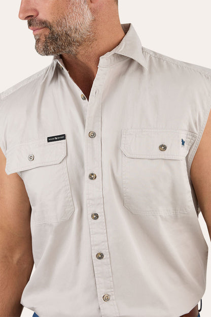 Rob Roy Mens Sleeveless Full Button Work Shirt - Beige