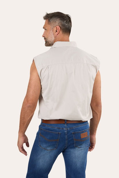 Rob Roy Mens Sleeveless Full Button Work Shirt - Beige