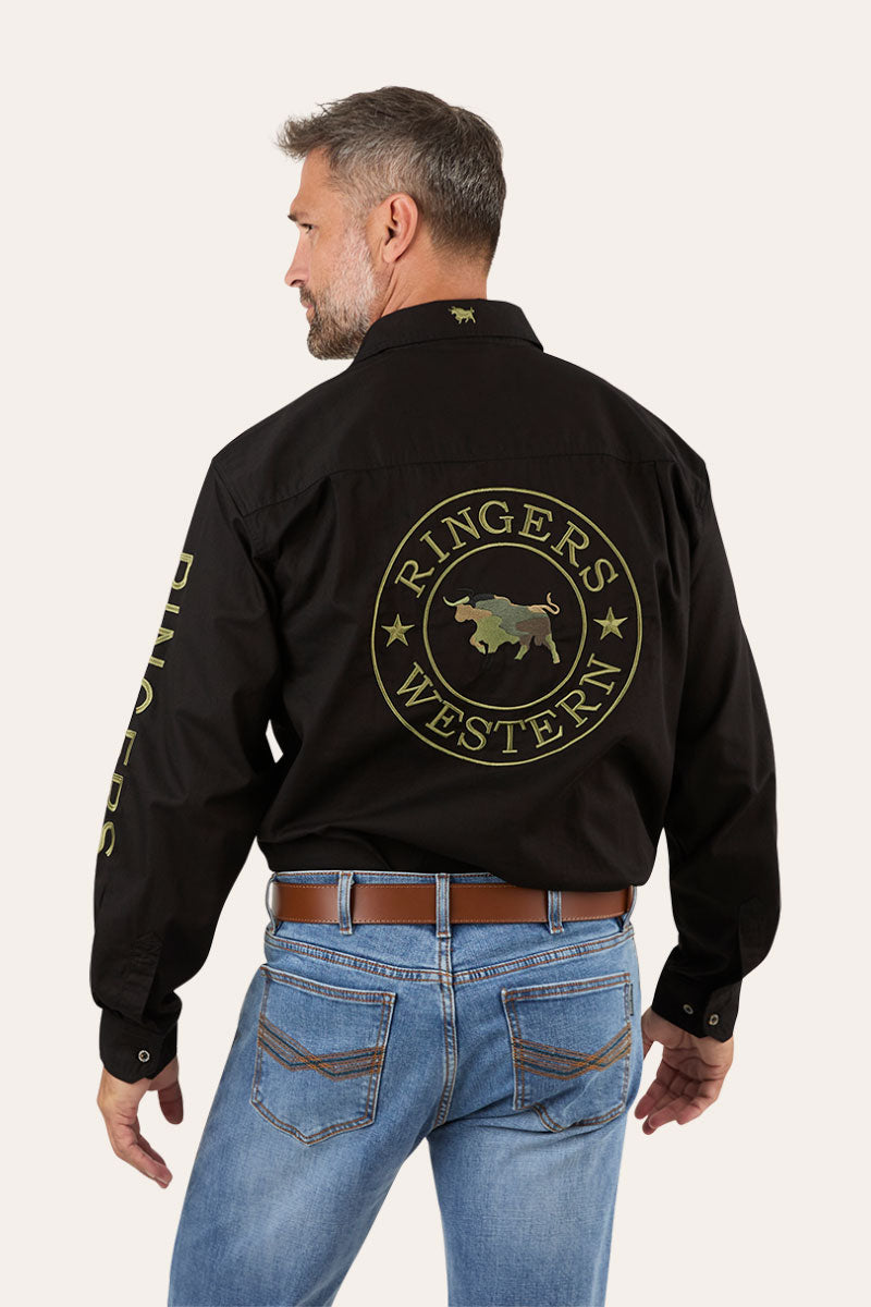 Hawkeye Mens Full Button Work Shirt - Black/Camo