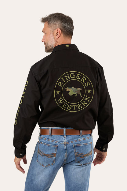 Hawkeye Mens Full Button Work Shirt - Black/Camo