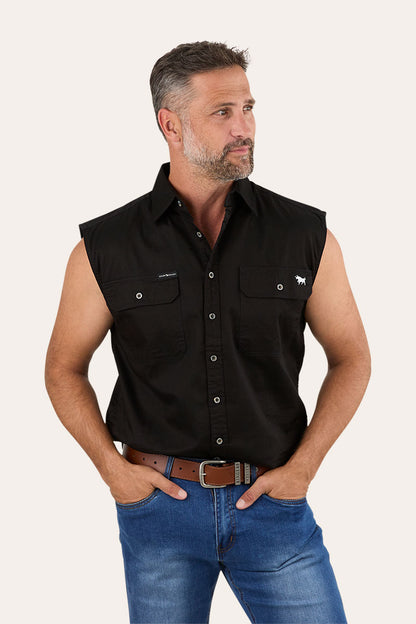 Rob Roy Mens Sleeveless Full Button Work Shirt - Black