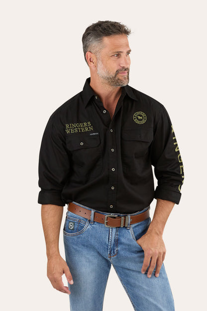 Hawkeye Mens Full Button Work Shirt - Black/Camo