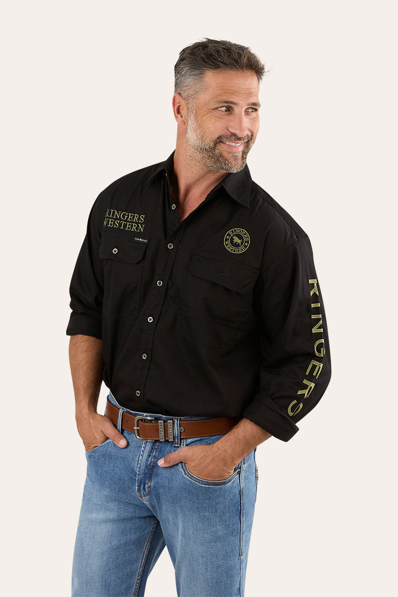 Hawkeye Mens Full Button Work Shirt - Black/Camo