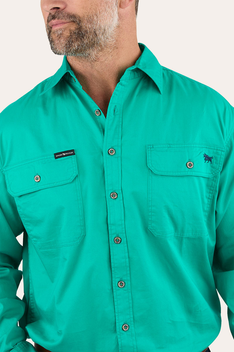 King River Mens Full Button Work Shirt - Green