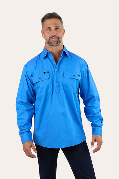 King River Mens Half Button Work Shirt - Blue